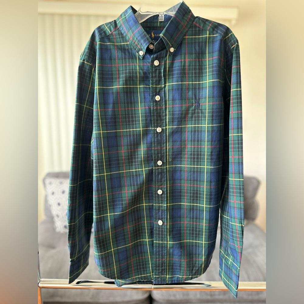 Ralph Lauren Plaid Cotton Poplin Shirt   Color Blue/ Green   Size M